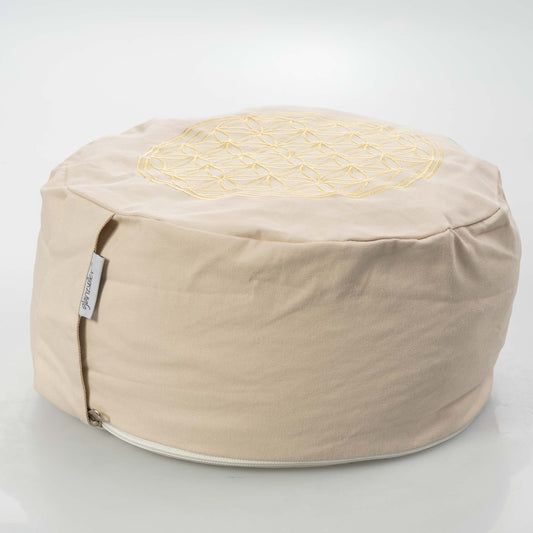 Yogakissen Penina - "Perle", Blume des Lebens Stick beige ganzes Kissen