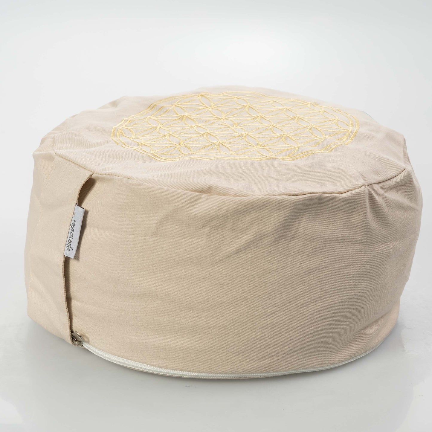 Yogakissen Penina - "Perle", Blume des Lebens Stick beige ganzes Kissen