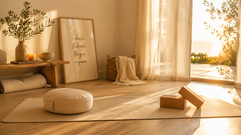 Yoga Morgenroutine zuhause mit Yogamatte, Yogablöcken und Meditationskissen im warmen Morgenlicht