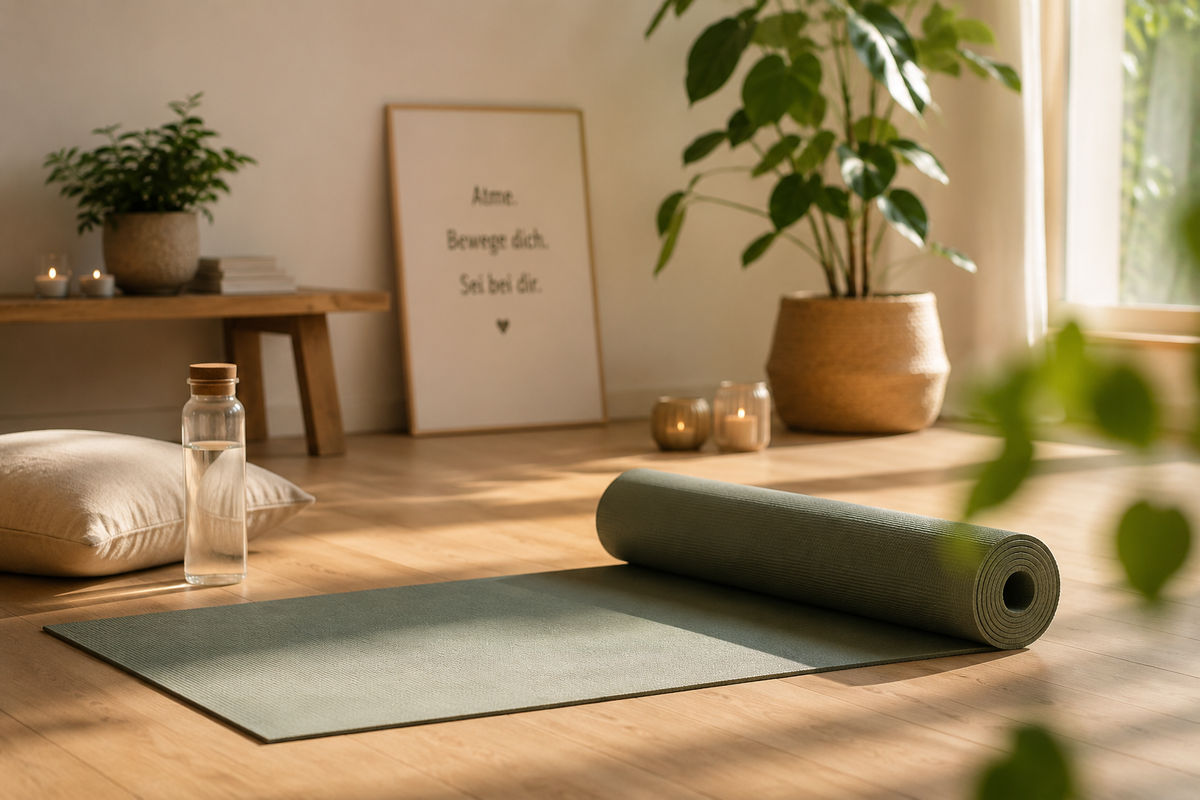 Einfacher Yoga-Platz zuhause mit Yogamatte, Meditationskissen und ruhiger Atmosphäre für einen entspannten Yoga-Einstieg.