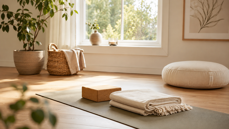 Yoga zuhause beginnen – Yogamatte, Yogablock und Decke in einer gemütlichen Yoga-Ecke.