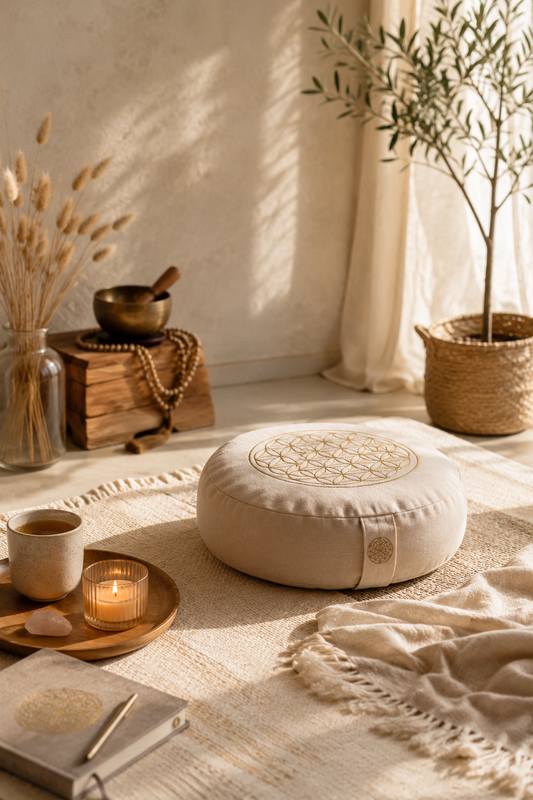 Ruhige Meditationsecke mit hellem Meditationskissen, Kerze, Tee und warmem Morgenlicht in natürlichen Beige- und Leinentönen