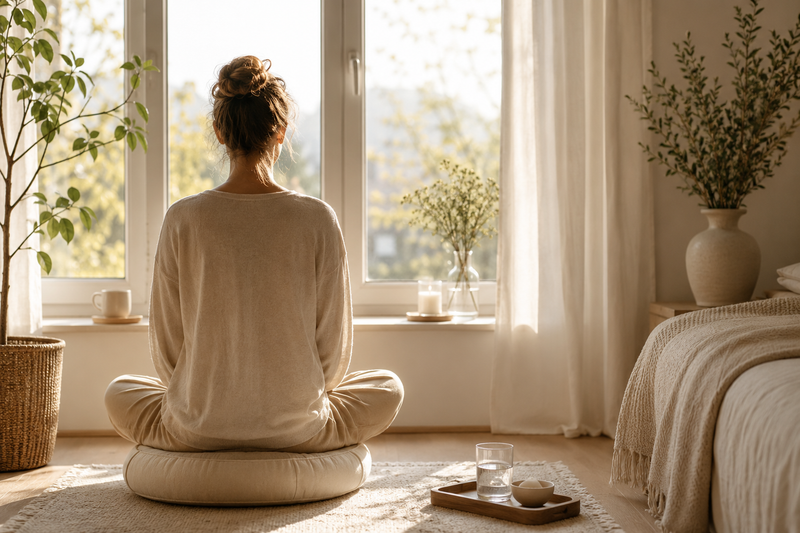 Frau sitzt morgens auf einem Meditationskissen vor einem Fenster und startet bewusst in den Tag.