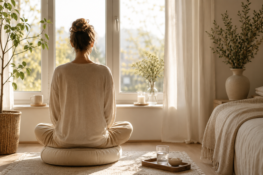 Frau sitzt morgens auf einem Meditationskissen vor einem Fenster und startet bewusst in den Tag.