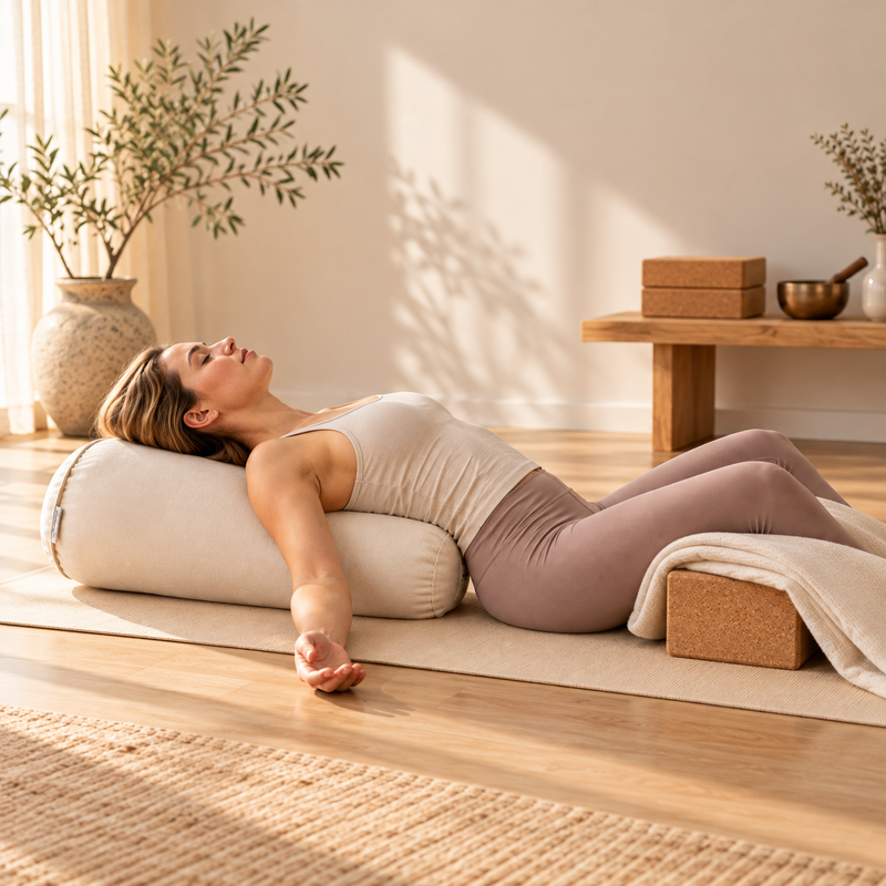 Frau bei einer ruhigen Yogapraxis mit Yogamatte, Bolster, Yogablöcken und Decke