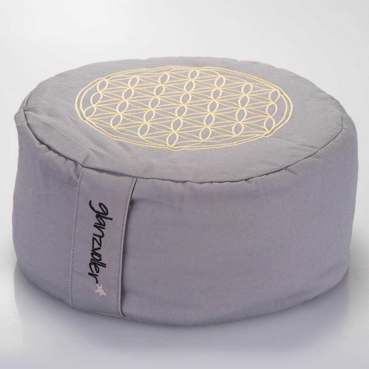 Yogakissen Blume des Lebens – Grau mit Goldstickerei