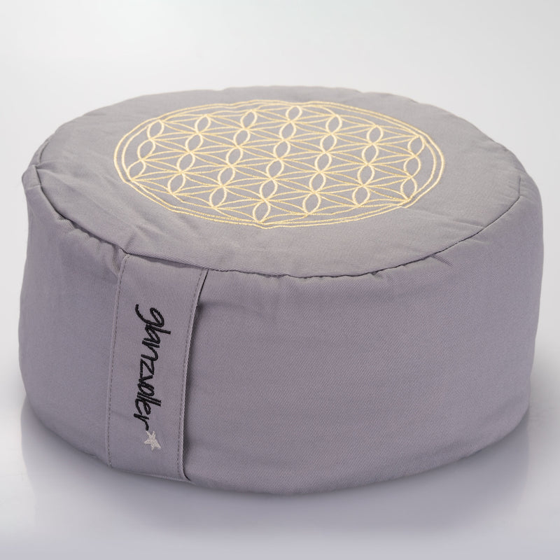 Yogakissen Blume des Lebens – Grau mit Goldstickerei