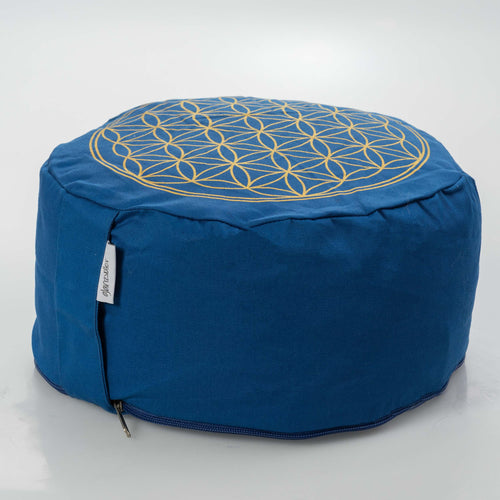Yogakissenbezug blau – Blume des Lebens Goldprint