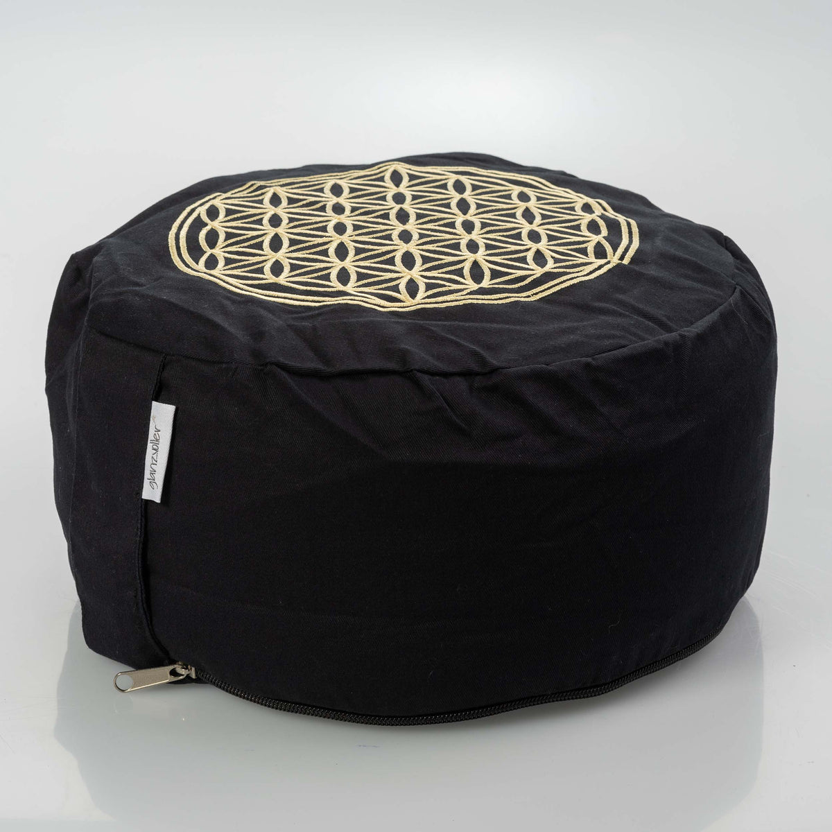 Yogakissen Blume des Lebens – Schwarz mit Goldstickerei