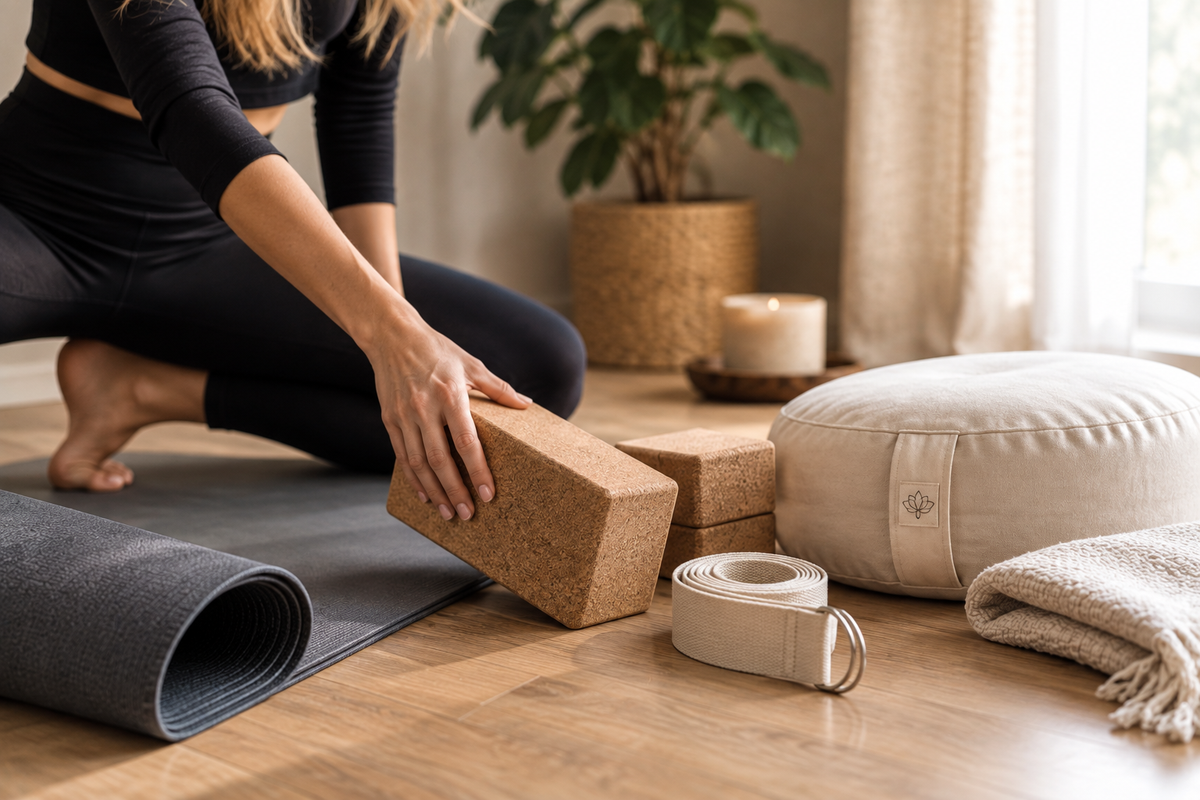 Frau wählt Yoga-Hilfsmittel aus